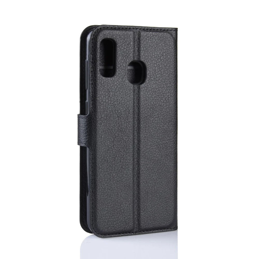 Litchi Skin PU Leather Wallet Stand Mobile Casing for Samsung Galaxy A30 / A20 - Black - 3