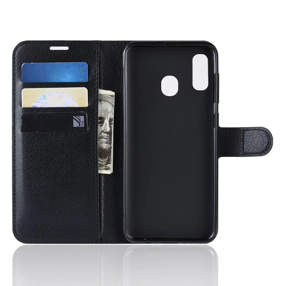 Litchi Skin PU Leather Wallet Stand Mobile Casing for Samsung Galaxy A30 / A20 - Black - 4