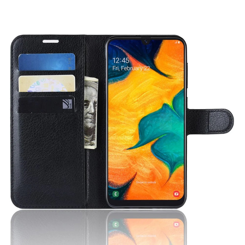 Litchi Skin PU Leather Wallet Stand Mobile Casing for Samsung Galaxy A30 / A20 - Black - 5
