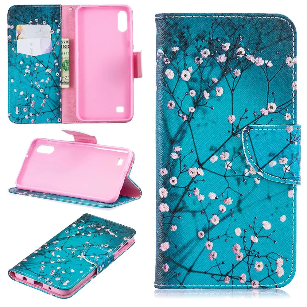 Pattern Printing Leather Wallet Case for Samsung Galaxy A10 - Tree with Flowers - 1