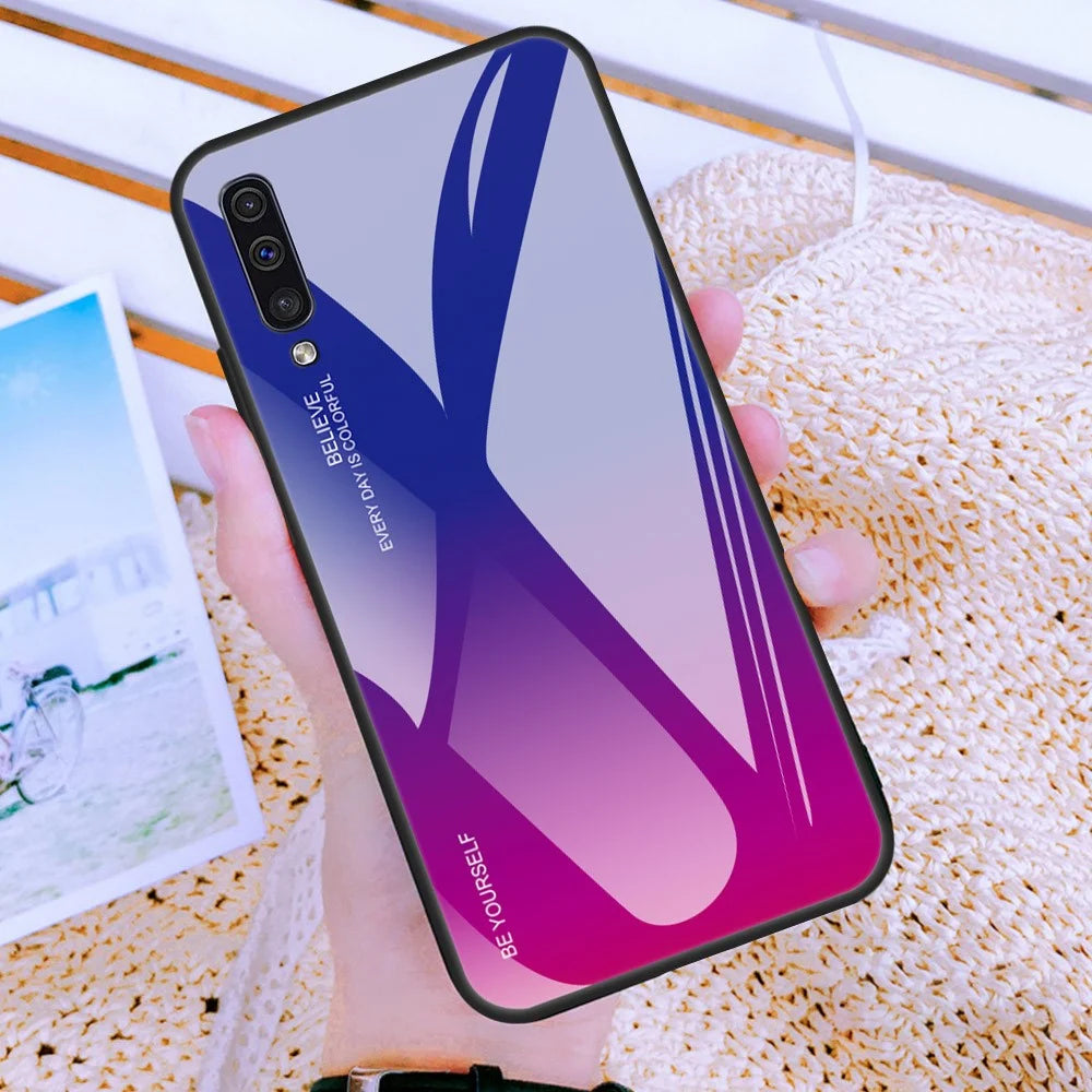 [Gradient Color] Glass + TPU + PC Phone Case Accessory for Samsung Galaxy A50 / A50s / A30s - Dark Blue / Purple - 1