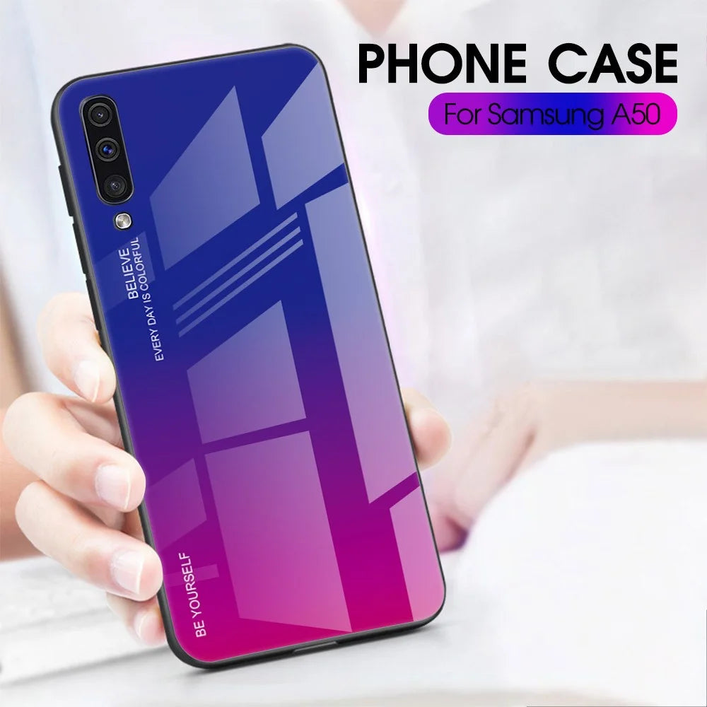 [Gradient Color] Glass + TPU + PC Phone Case Accessory for Samsung Galaxy A50 / A50s / A30s - Dark Blue / Purple - 2