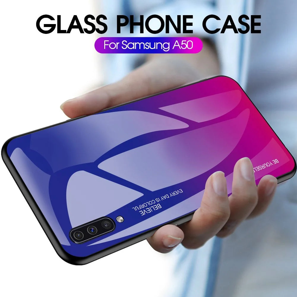 [Gradient Color] Glass + TPU + PC Phone Case Accessory for Samsung Galaxy A50 / A50s / A30s - Dark Blue / Purple - 3