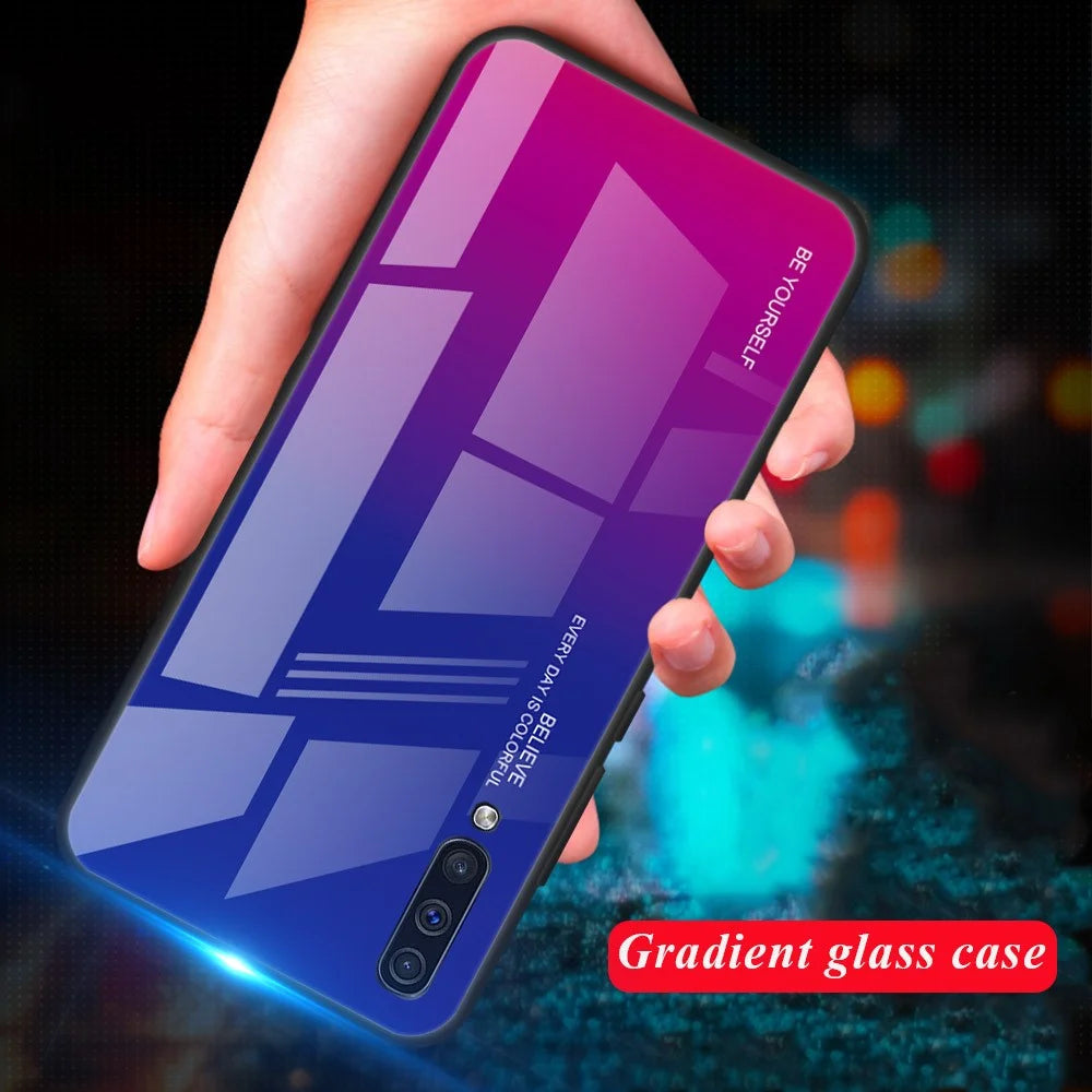 [Gradient Color] Glass + TPU + PC Phone Case Accessory for Samsung Galaxy A50 / A50s / A30s - Dark Blue / Purple - 4