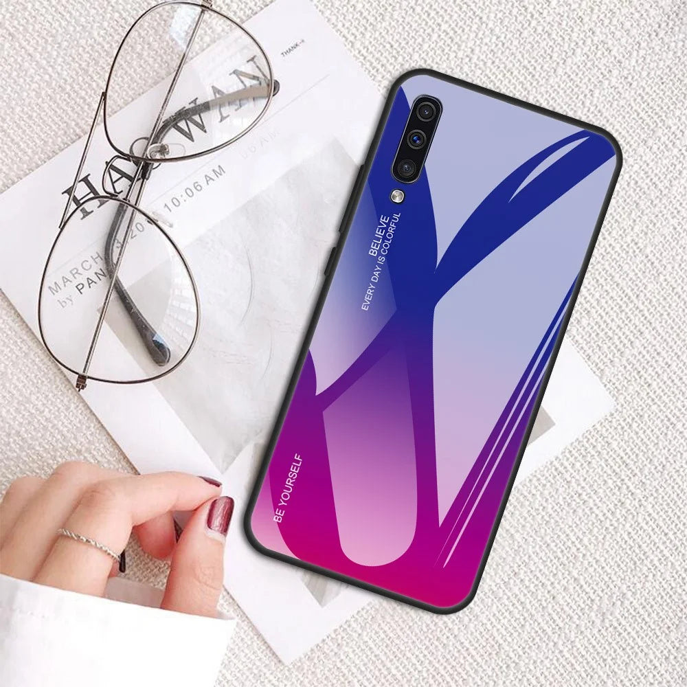 [Gradient Color] Glass + TPU + PC Phone Case Accessory for Samsung Galaxy A50 / A50s / A30s - Dark Blue / Purple - 5