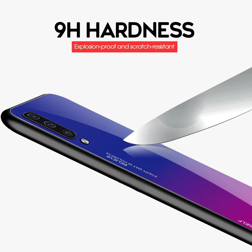 [Gradient Color] Glass + TPU + PC Phone Case Accessory for Samsung Galaxy A50 / A50s / A30s - Dark Blue / Purple - 7