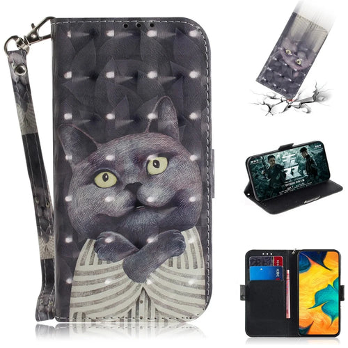 Pattern Printing [Light Spot Decor] Leather Wallet Case for Samsung Galaxy A30 / A20 - Grey Cat - 1