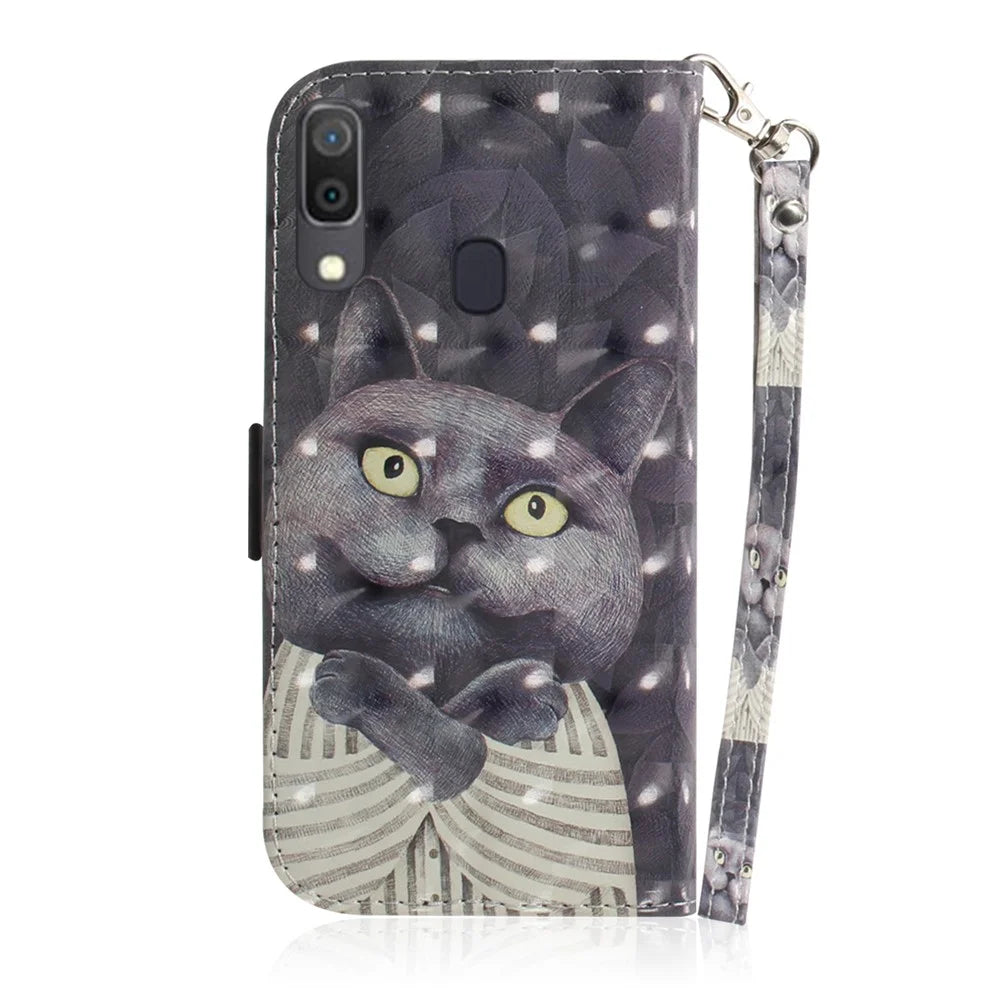 Pattern Printing [Light Spot Decor] Leather Wallet Case for Samsung Galaxy A30 / A20 - Grey Cat - 3