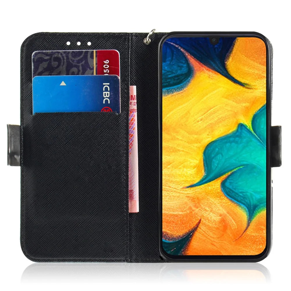 Pattern Printing [Light Spot Decor] Leather Wallet Case for Samsung Galaxy A30 / A20 - Grey Cat - 7