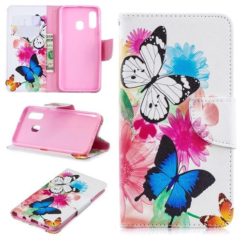 Pattern Printing Leather Wallet Case for Samsung Galaxy A40 - Vivid Butterflies - 1