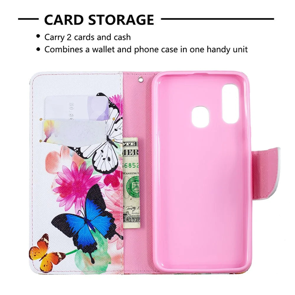 Pattern Printing Leather Wallet Case for Samsung Galaxy A40 - Vivid Butterflies - 3