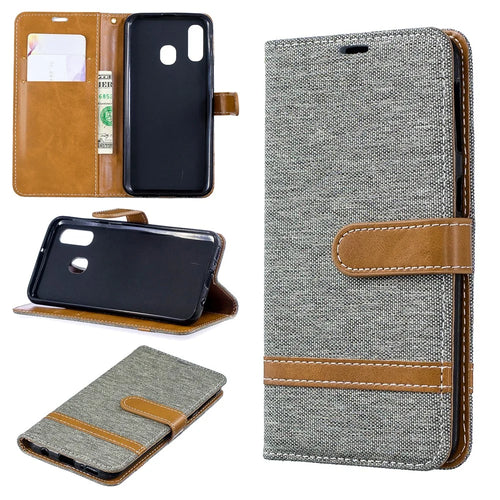 Assorted Color Jeans Cloth Wallet Leather Case Cover for Samsung Galaxy A40 - Grey - 1