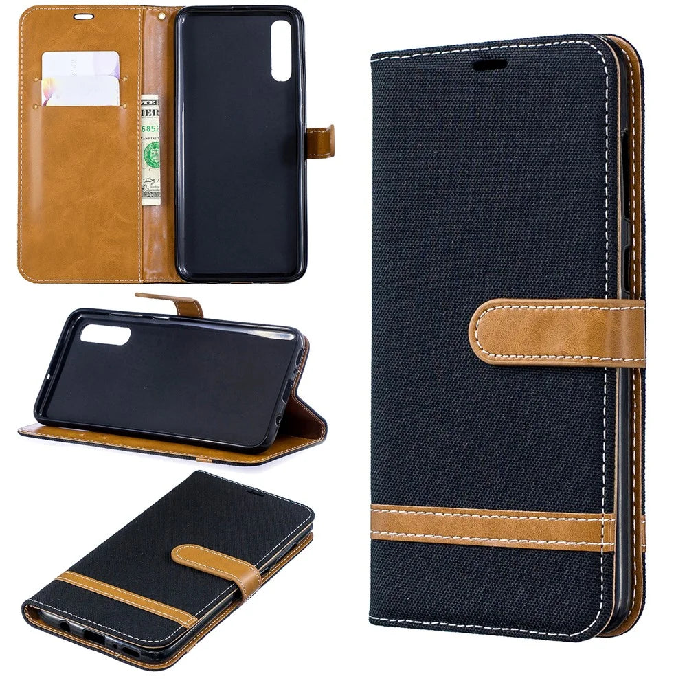 Two-tone Jean Cloth PU Leather Flip Case for Samsung Galaxy A70 - Black - 1