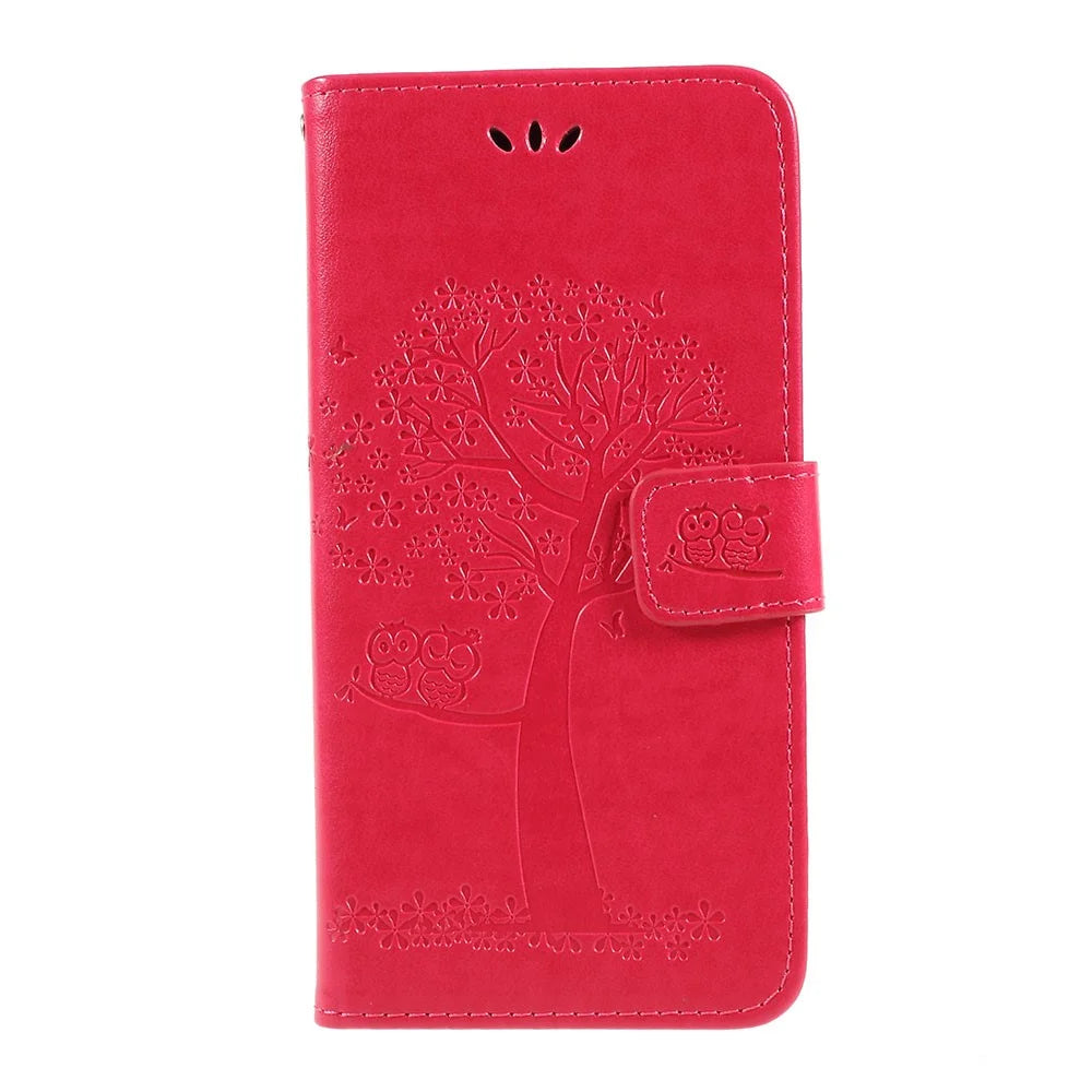 Imprint Tree Owl Magnetic Wallet PU Leather Cover with Stand for Samsung Galaxy A10 - Red - 1