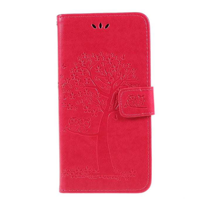 Imprint Tree Owl Magnetic Wallet PU Leather Cover with Stand for Samsung Galaxy A10 - Red - 1