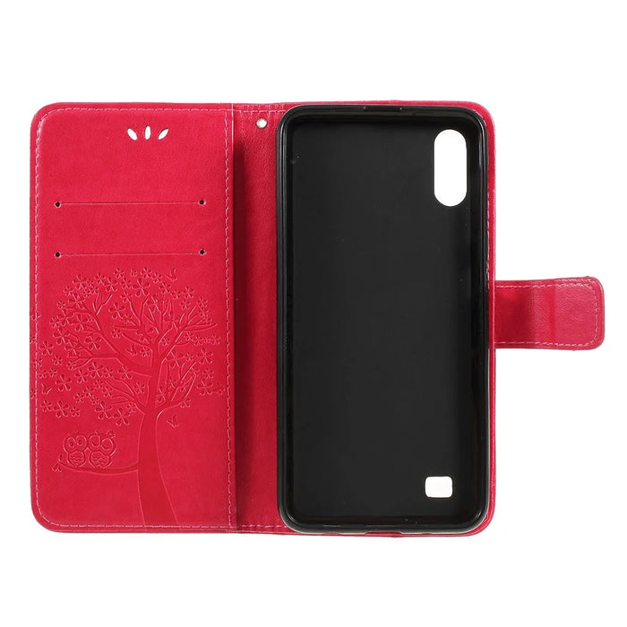 Imprint Tree Owl Magnetic Wallet PU Leather Cover with Stand for Samsung Galaxy A10 - Red - 4