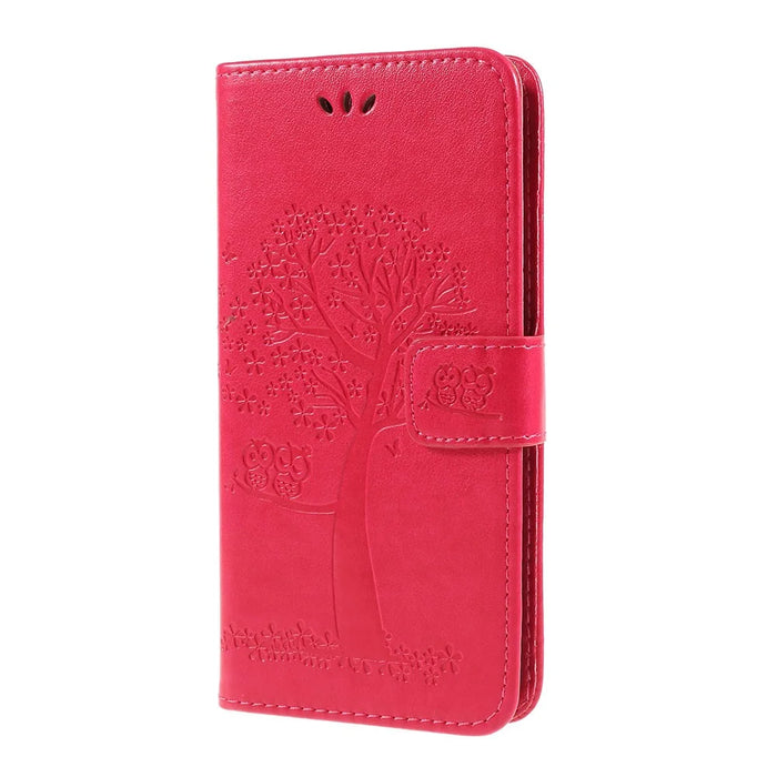 Imprint Tree Owl Magnetic Wallet PU Leather Cover with Stand for Samsung Galaxy A10 - Red - 5