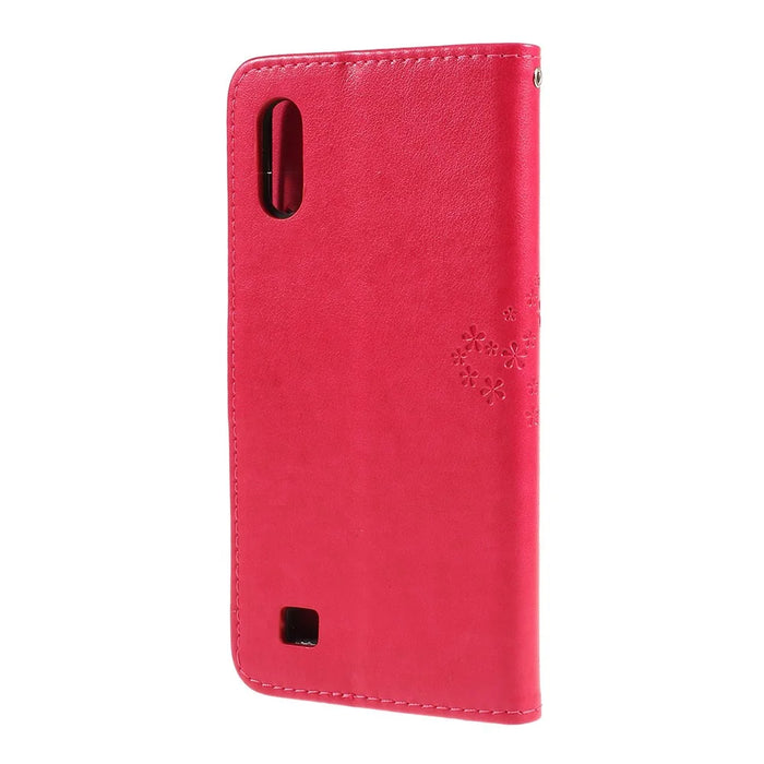 Imprint Tree Owl Magnetic Wallet PU Leather Cover with Stand for Samsung Galaxy A10 - Red - 6