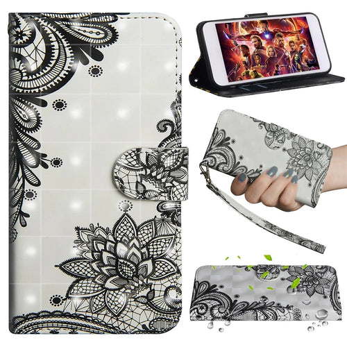 Light Spot Decor Patterned Leather Wallet Case for Samsung Galaxy A50 / A50s / A30s - Black Flower - 1