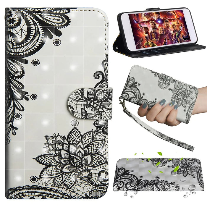 Light Spot Decor Patterned Leather Wallet Case for Samsung Galaxy A50 / A50s / A30s - Black Flower - 1