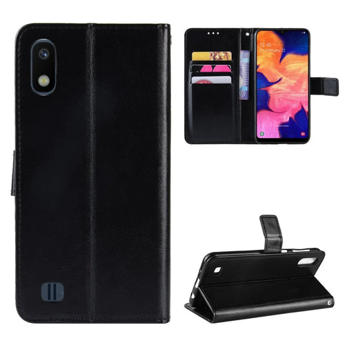 Crazy Horse Leather Wallet Cover with Strap for Samsung Galaxy A10 - Black - 1
