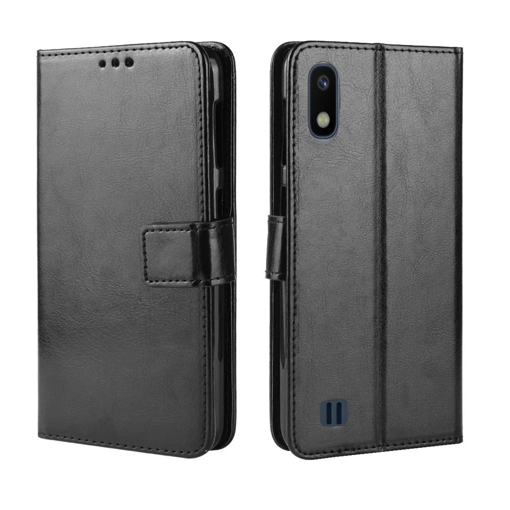 Crazy Horse Leather Wallet Cover with Strap for Samsung Galaxy A10 - Black - 2