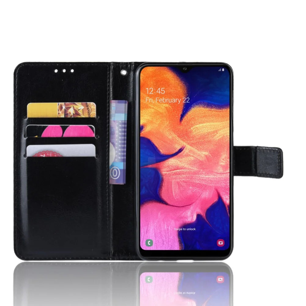 Crazy Horse Leather Wallet Cover with Strap for Samsung Galaxy A10 - Black - 5