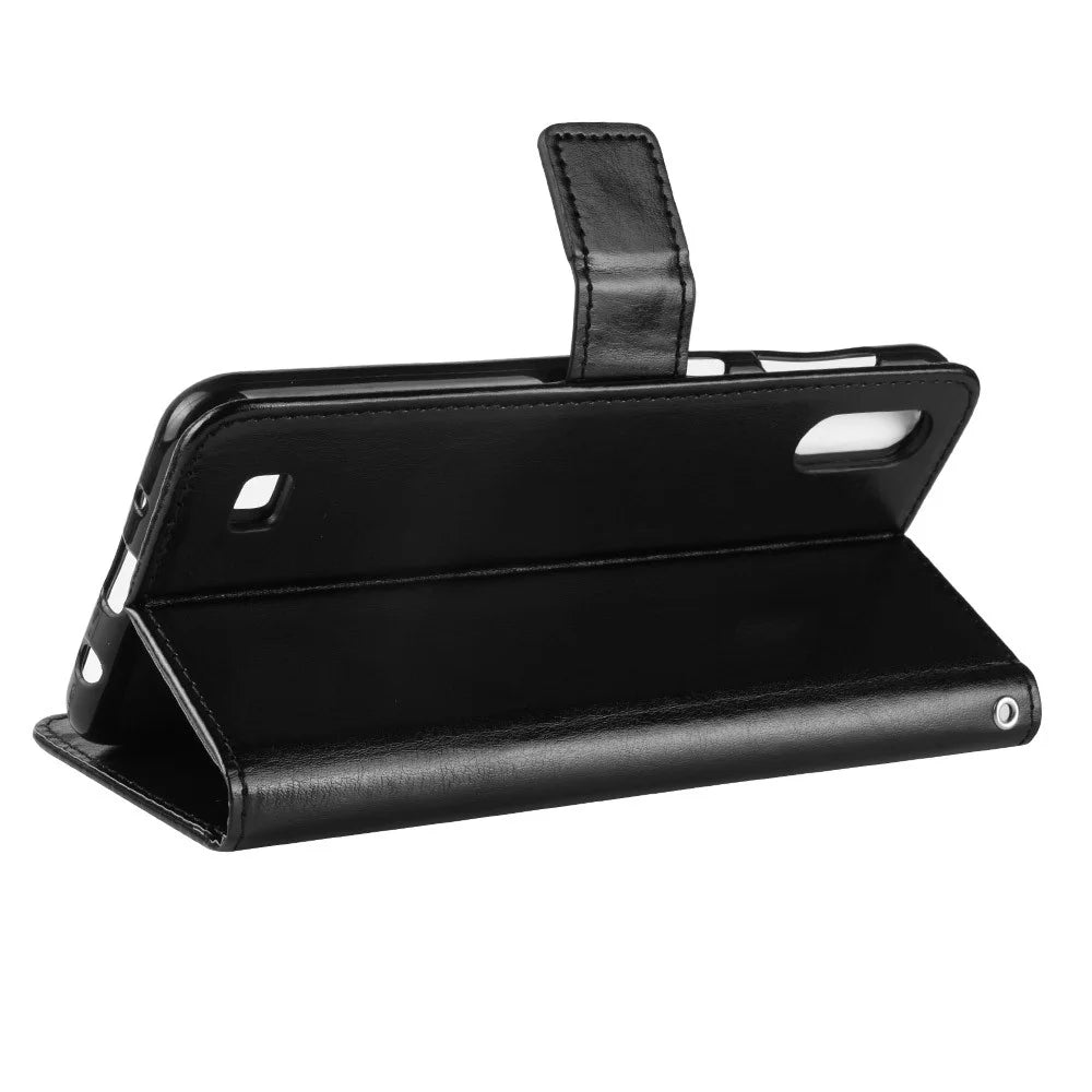 Crazy Horse Leather Wallet Cover with Strap for Samsung Galaxy A10 - Black - 6