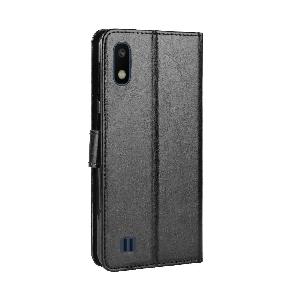 Crazy Horse Leather Wallet Cover with Strap for Samsung Galaxy A10 - Black - 7