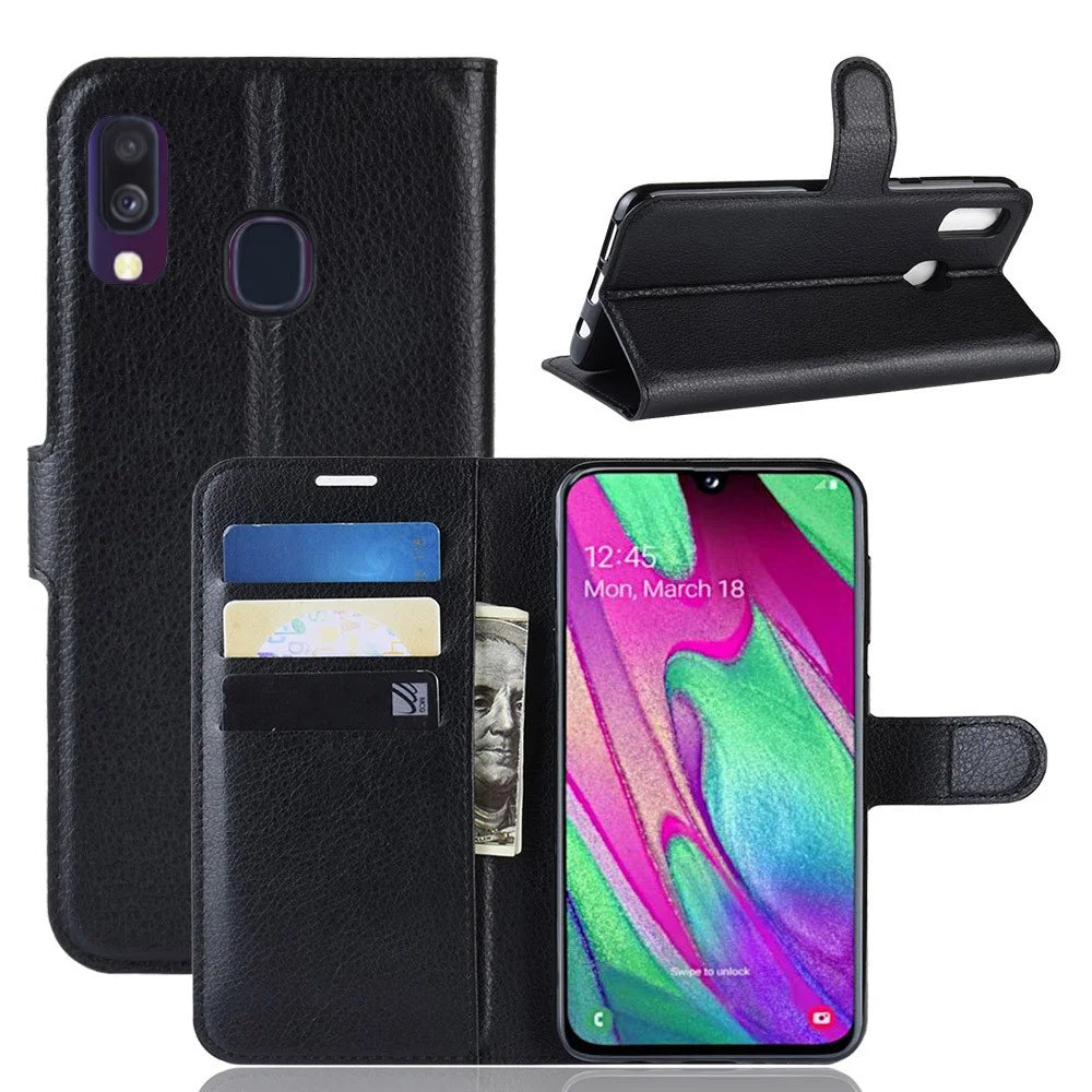 Litchi Skin PU Leather Phone Cover Shell with 3 Card Slots for Samsung Galaxy A40 Cell Phone Accessory - Black - 1