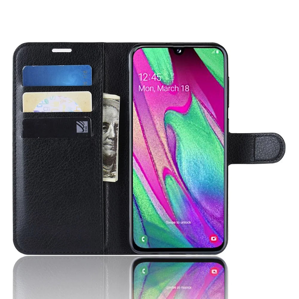 Litchi Skin PU Leather Phone Cover Shell with 3 Card Slots for Samsung Galaxy A40 Cell Phone Accessory - Black - 4
