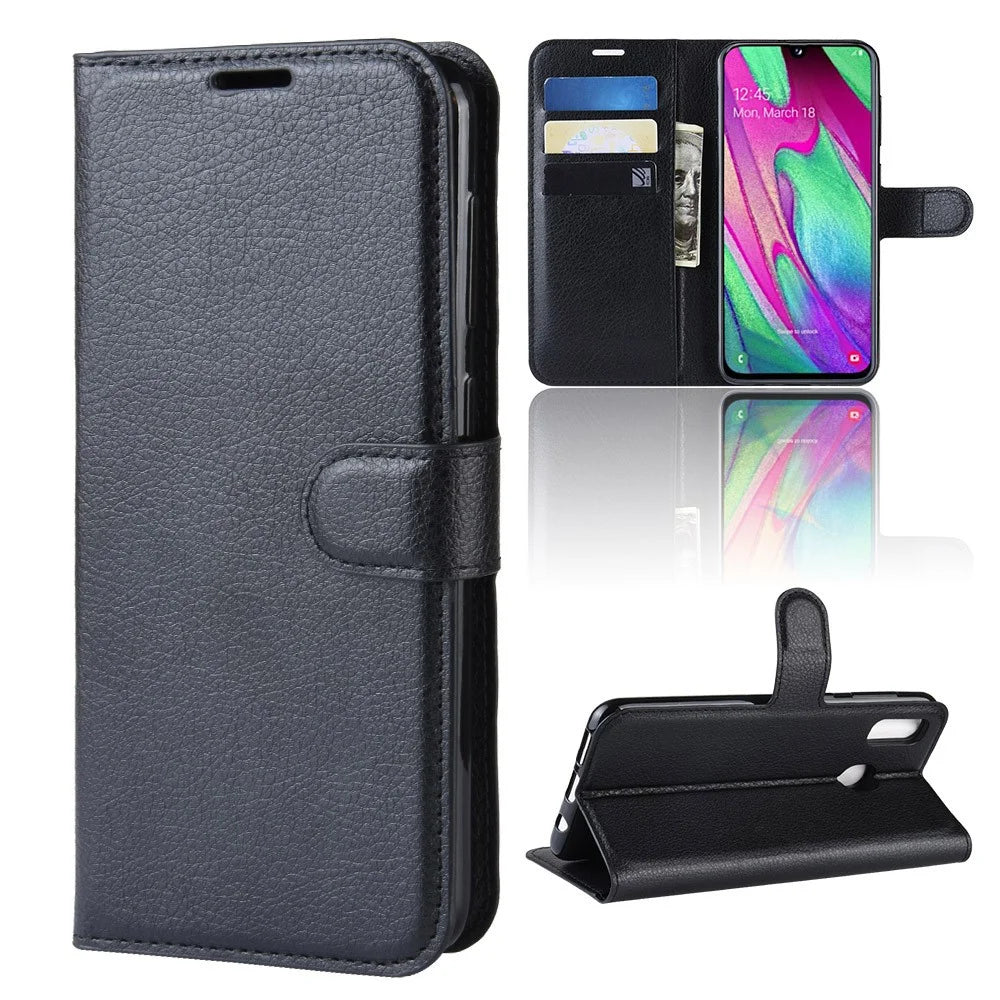 Litchi Skin PU Leather Phone Cover Shell with 3 Card Slots for Samsung Galaxy A40 Cell Phone Accessory - Black - 7