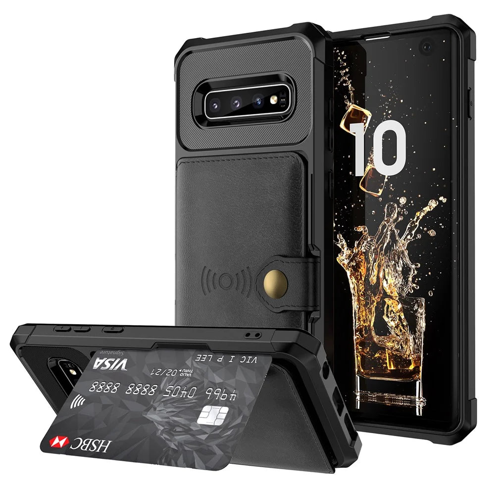 For Samsung Galaxy S10 PU Leather Coated TPU Wallet Kickstand Case with Built-in Magnetic Sheet - Black - 1
