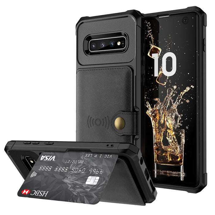 For Samsung Galaxy S10 PU Leather Coated TPU Wallet Kickstand Case with Built-in Magnetic Sheet - Black - 1