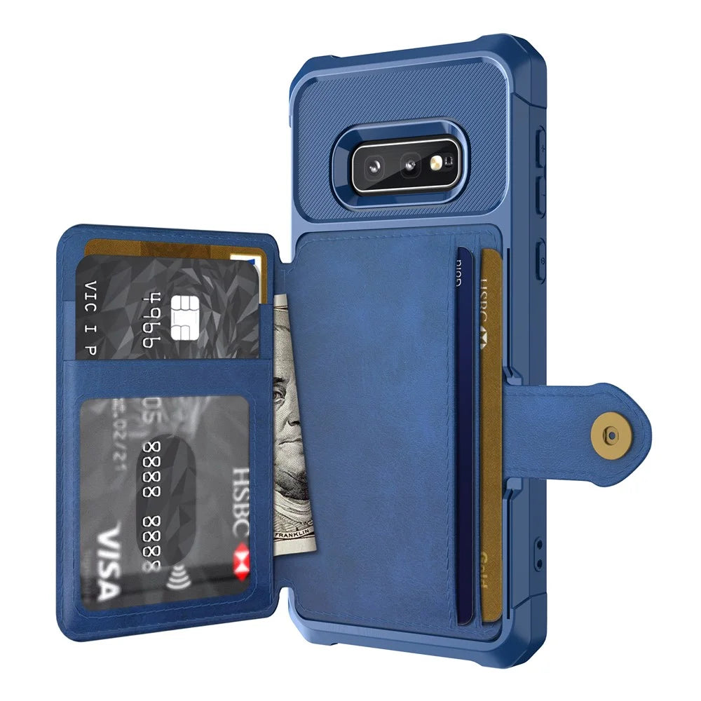 For Samsung Galaxy S10e PU Leather Coated TPU Wallet Kickstand Cover with Built-in Magnetic Sheet - Blue - 6