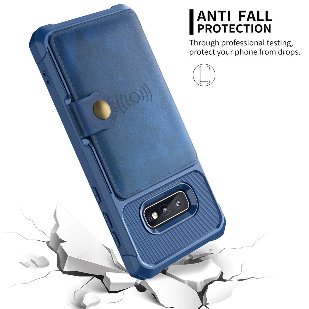 For Samsung Galaxy S10e PU Leather Coated TPU Wallet Kickstand Cover with Built-in Magnetic Sheet - Blue - 7