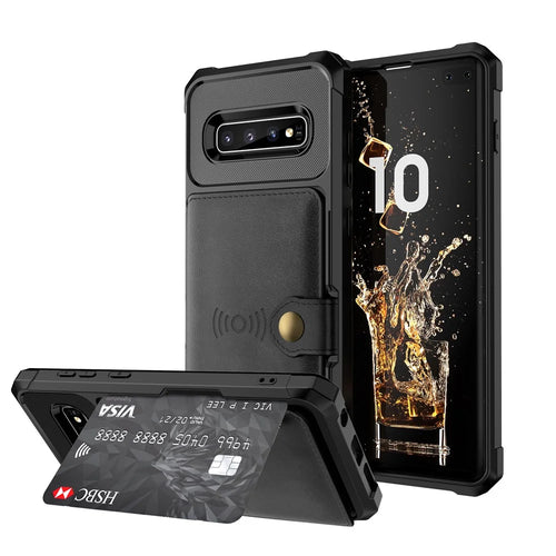 For Samsung Galaxy S10 Plus PU Leather Coated TPU Wallet Kickstand Mobile Shell (Built-in Magnetic Sheet) - Black - 1