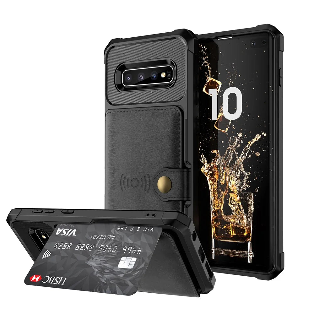 For Samsung Galaxy S10 Plus PU Leather Coated TPU Wallet Kickstand Mobile Shell (Built-in Magnetic Sheet) - Black - 1