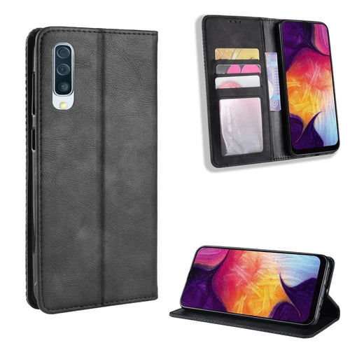 Vintage Style PU Leather Wallet Phone Case for Samsung Galaxy A70 - Black - 1