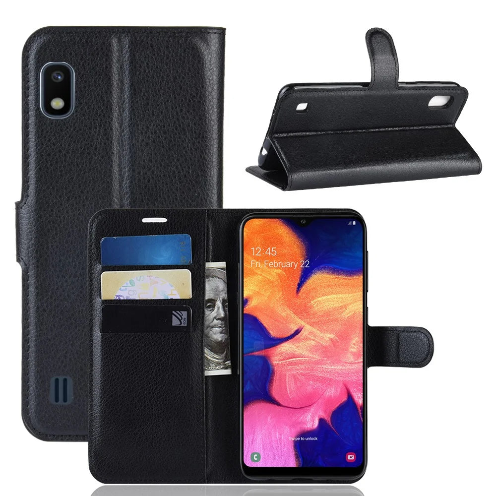 Litchi Skin PU Leather Wallet Mobile Phone Case for Samsung Galaxy A10 - Black - 1