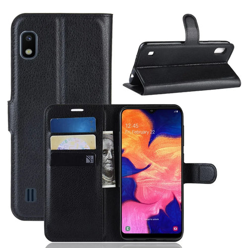 Litchi Skin PU Leather Wallet Mobile Phone Case for Samsung Galaxy A10 - Black - 1