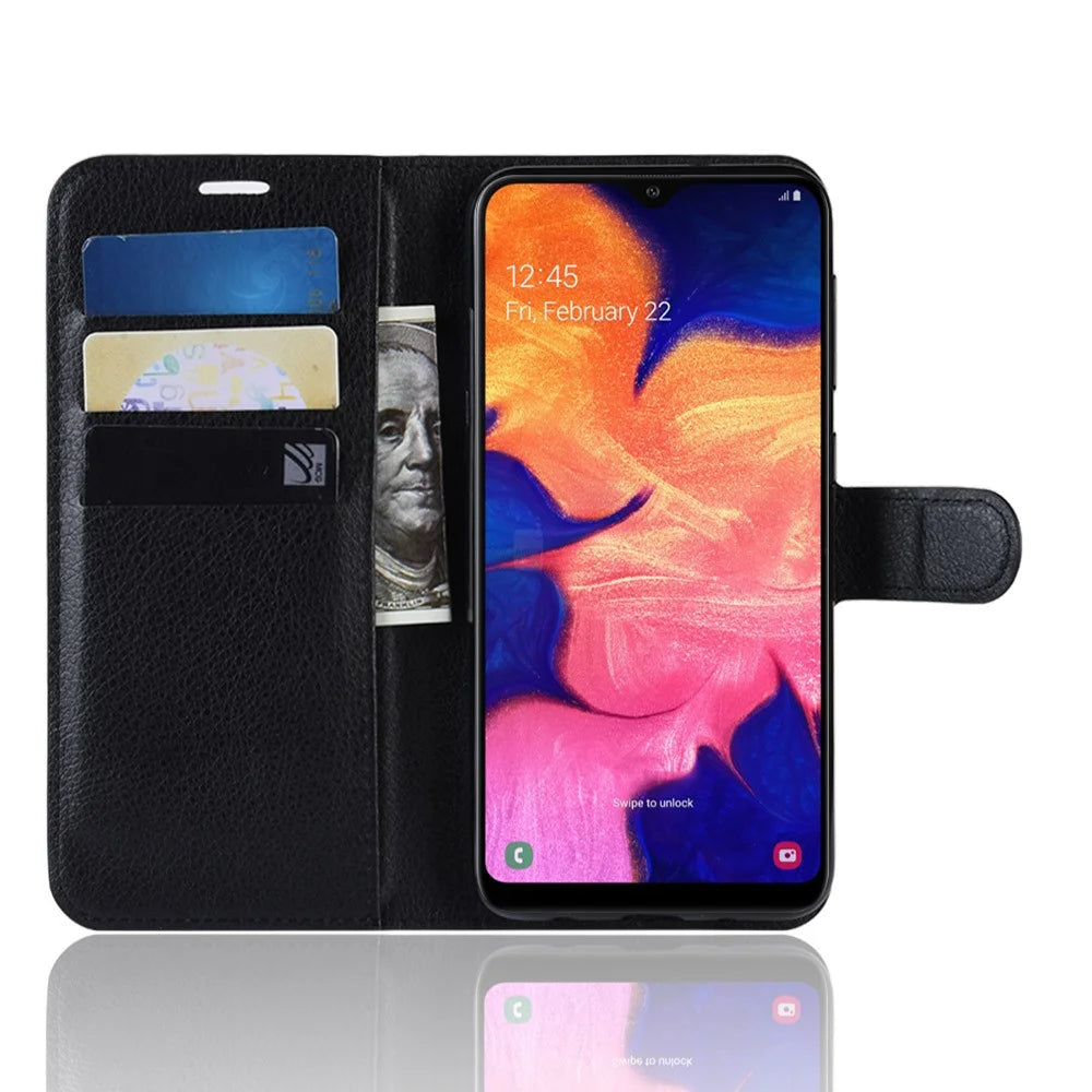 Litchi Skin PU Leather Wallet Mobile Phone Case for Samsung Galaxy A10 - Black - 6