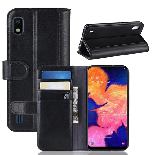 For Samsung Galaxy A10 Phone Cases Genuine Split Leather Wallet Mobile Cover Stand - Black - 1