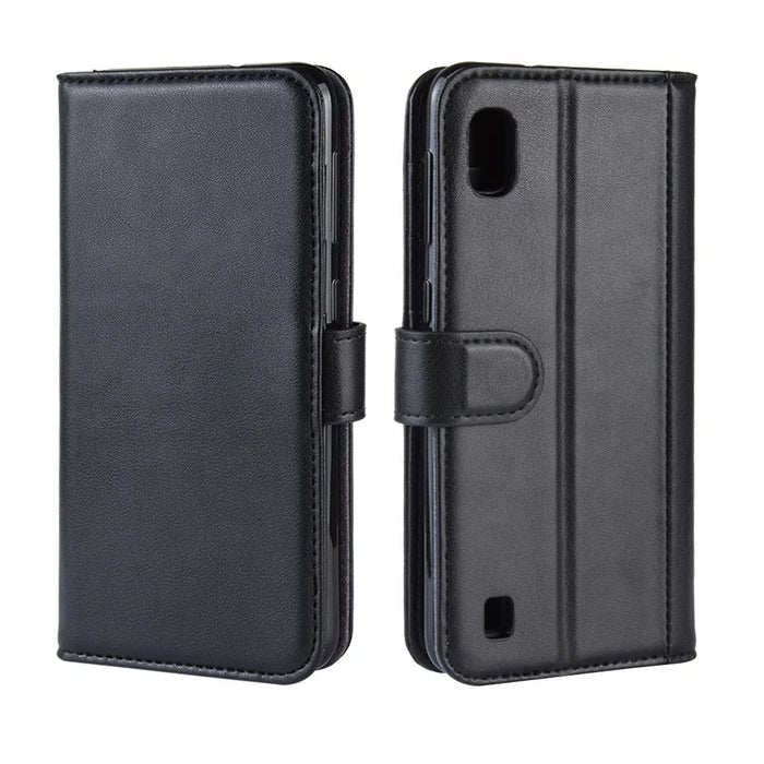 For Samsung Galaxy A10 Phone Cases Genuine Split Leather Wallet Mobile Cover Stand - Black - 2
