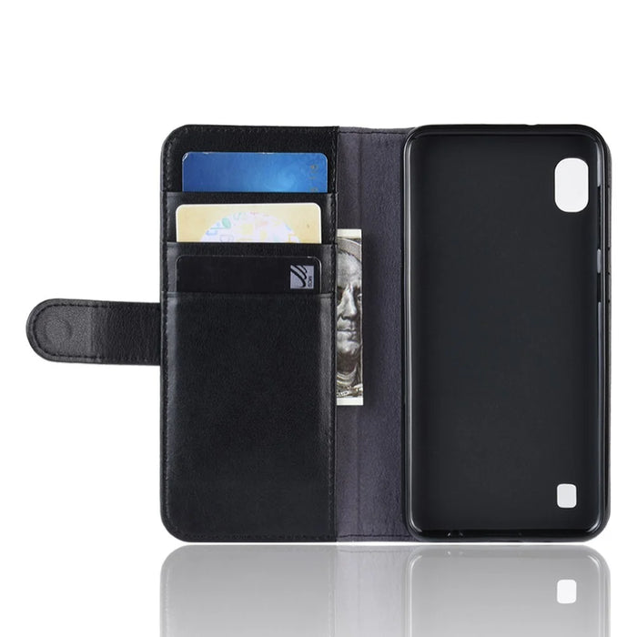 For Samsung Galaxy A10 Phone Cases Genuine Split Leather Wallet Mobile Cover Stand - Black - 3