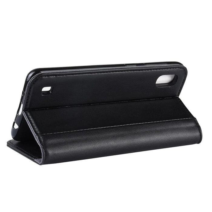 For Samsung Galaxy A10 Phone Cases Genuine Split Leather Wallet Mobile Cover Stand - Black - 5