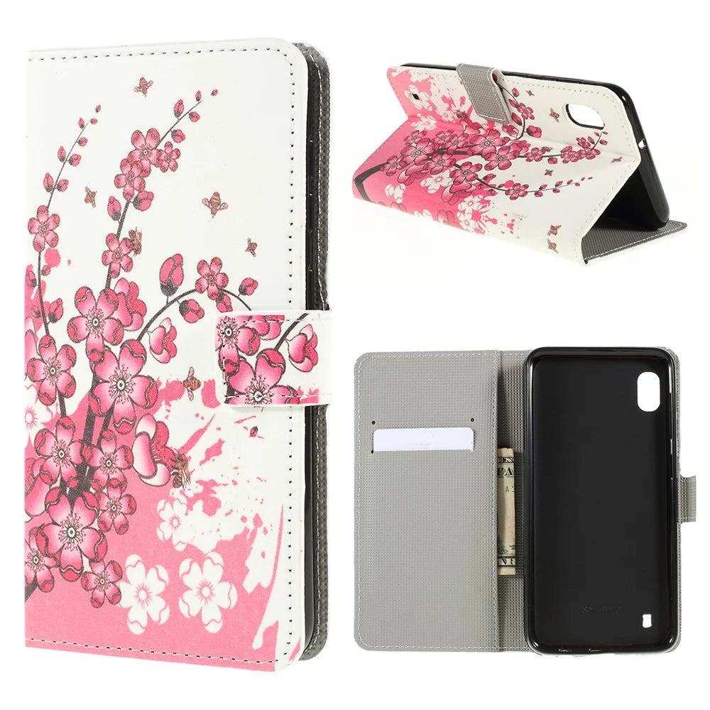 Pattern Printing PU Leather Cell Phone Casing for Samsung Galaxy A10 - Plum Blossom - 1