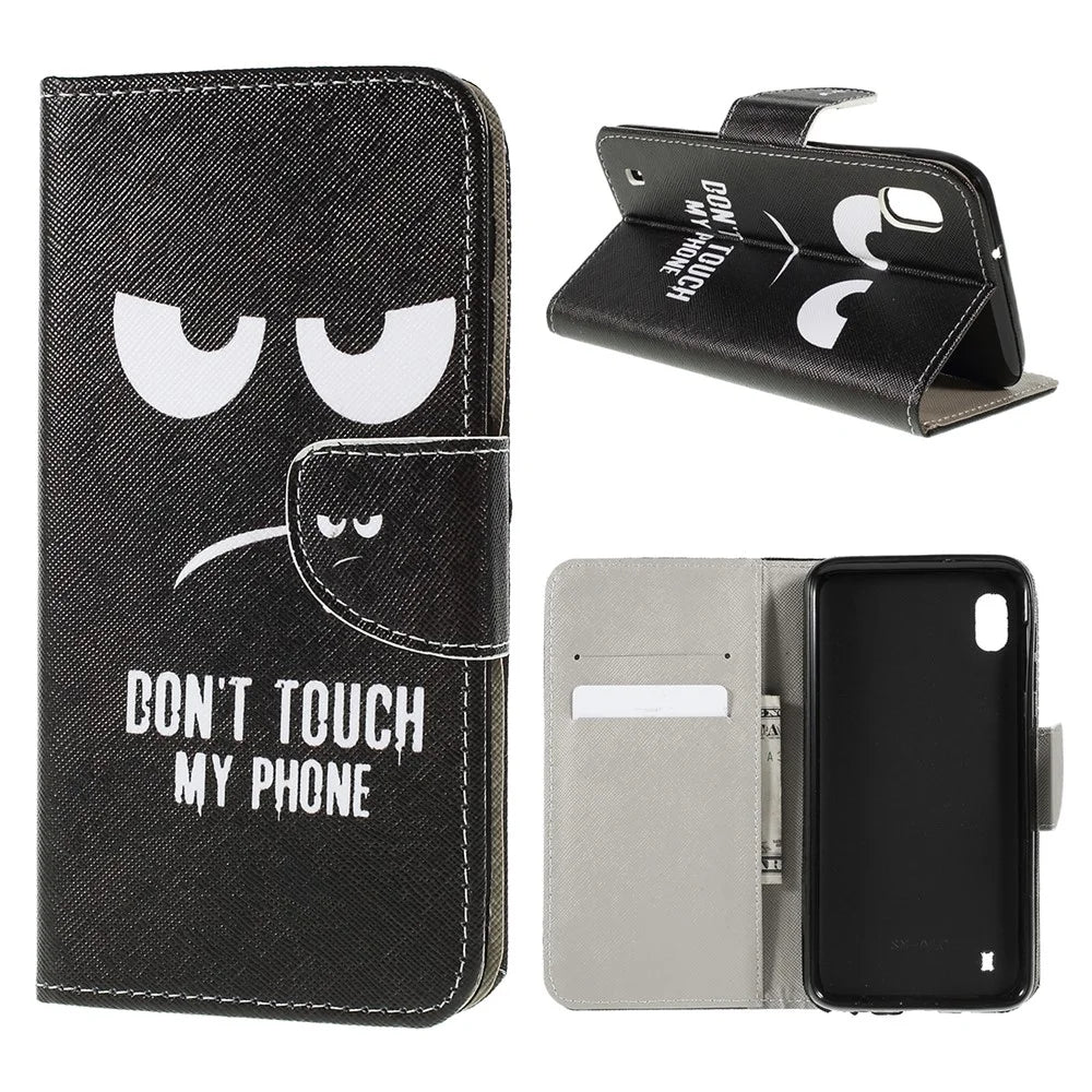 Cross Texture Pattern Printing PU Leather Magnetic Phone Cover for Samsung Galaxy A10 - Don't Touch My Phone - 1