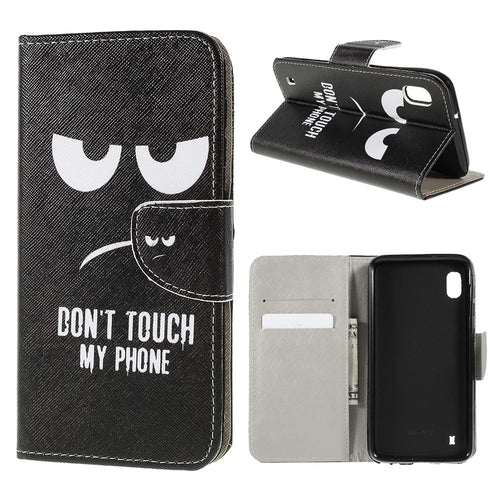 Cross Texture Pattern Printing PU Leather Magnetic Phone Cover for Samsung Galaxy A10 - Don't Touch My Phone - 1