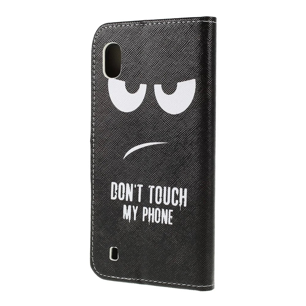 Cross Texture Pattern Printing PU Leather Magnetic Phone Cover for Samsung Galaxy A10 - Don't Touch My Phone - 2
